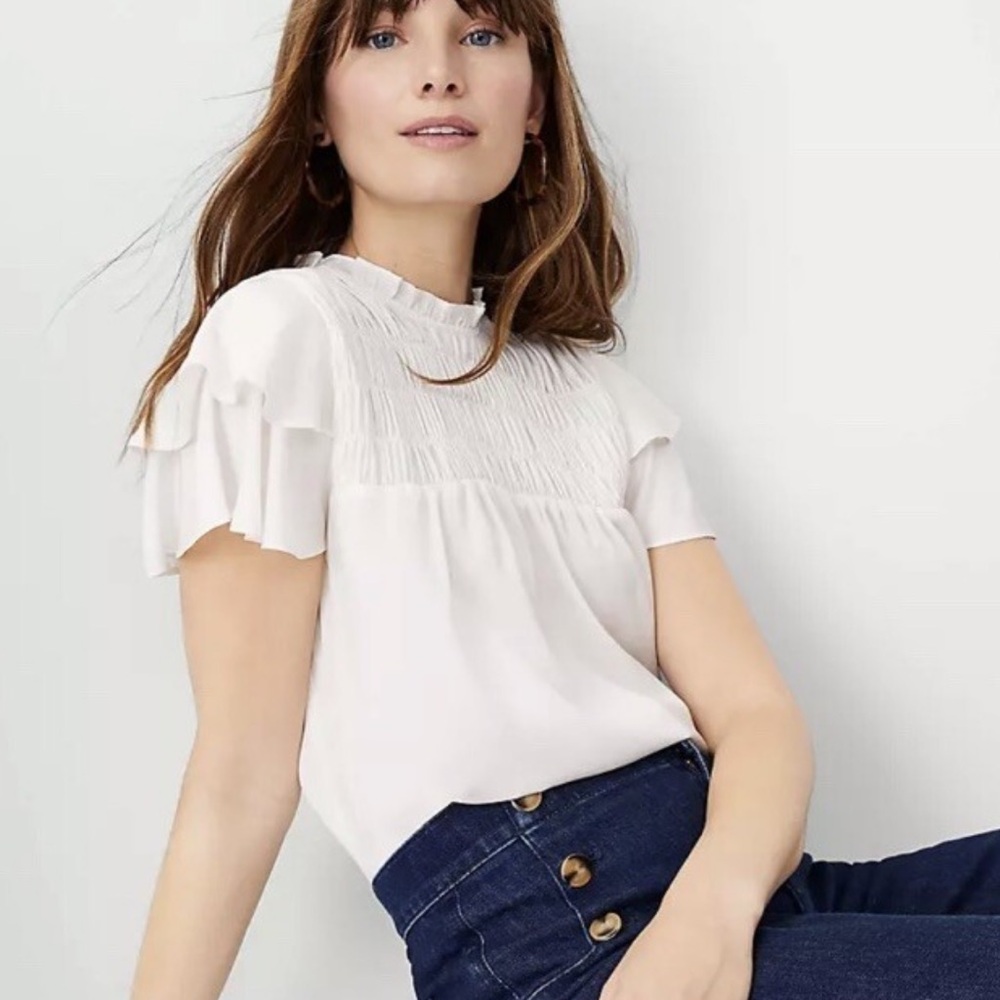 Ann Taylor White Ruffle Sleeve Blouse
